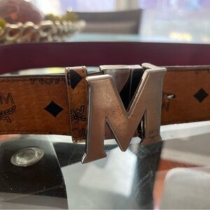 MCM Tan Leather Belt with Silver M Buckle